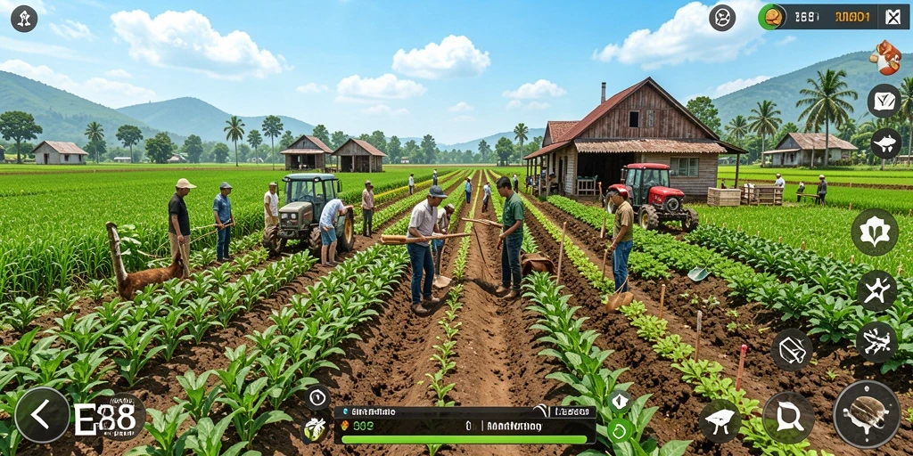 Screenshot gameplay E88 menampilkan ladang subur dan hewan ternak.