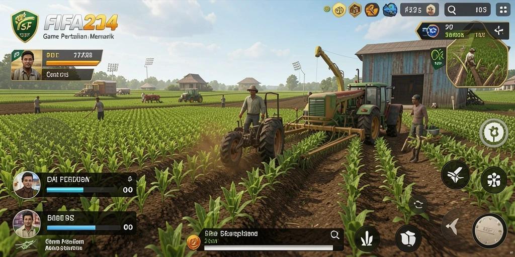Screenshot gameplay FIFA234 menampilkan ladang hijau dan hewan ternak.