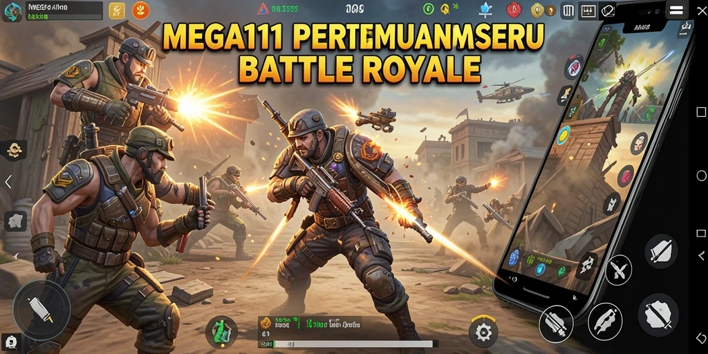 Screenshot utama MEGA111 menampilkan aksi mendebarkan dalam pertempuran Battle Royale.