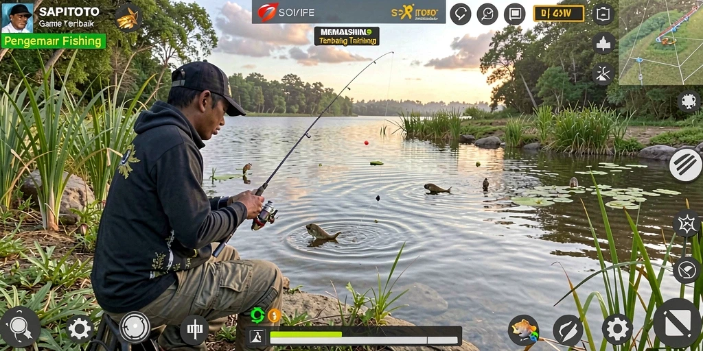 Screenshot gameplay SAPITOTO menampilkan suasana memancing yang menawan.
