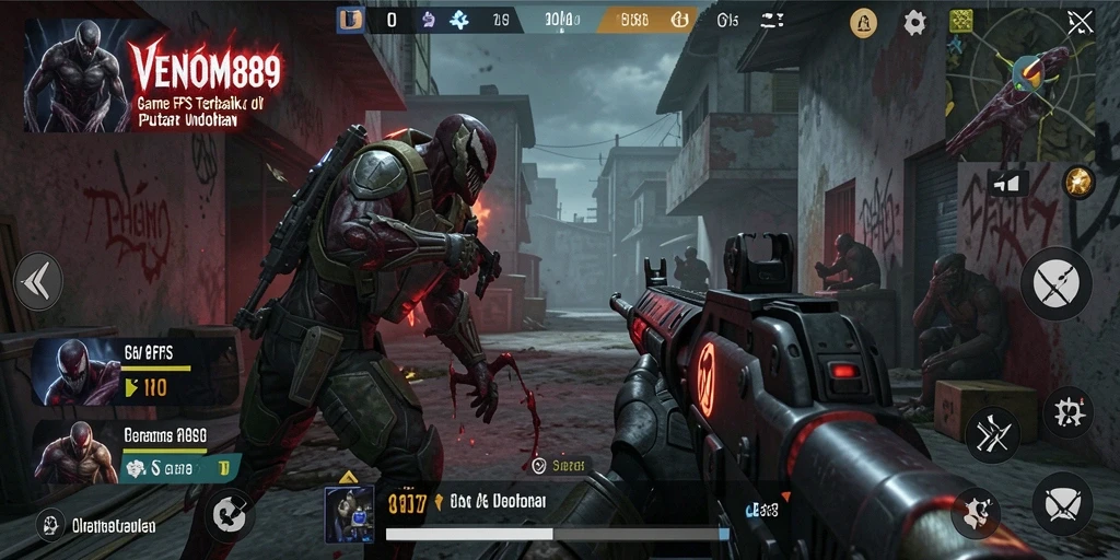 Screenshot gameplay dari VENOM889 dengan aksi tembak-menembak mendebarkan.