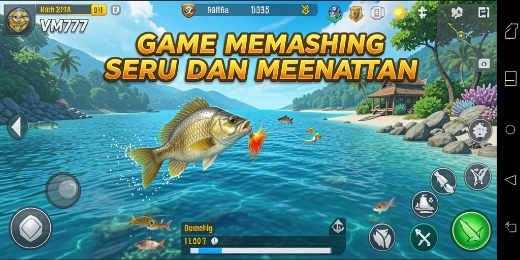 Screenshot utama VM777 menampilkan gameplay memancing yang mendebarkan.
